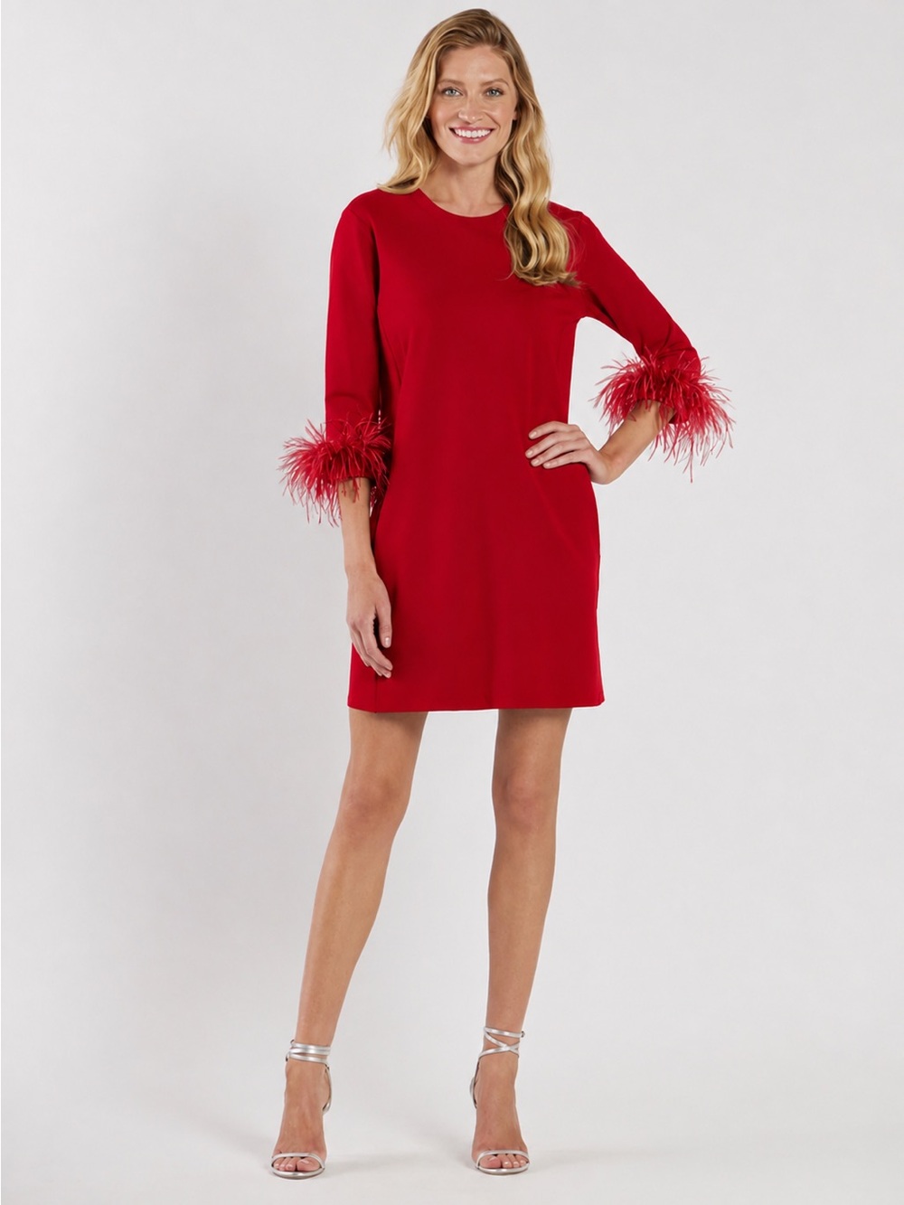 NWT Jude Connally A-Line Red Feather Cuff Shift Dress Cocktail Party Holiday L